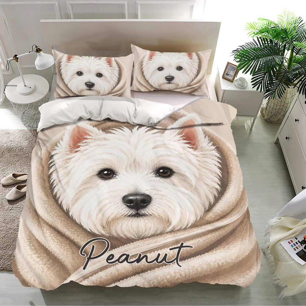 Westie duvet cover bedding set displayed in a bright bedroom with matching terrier pillowcase artwork