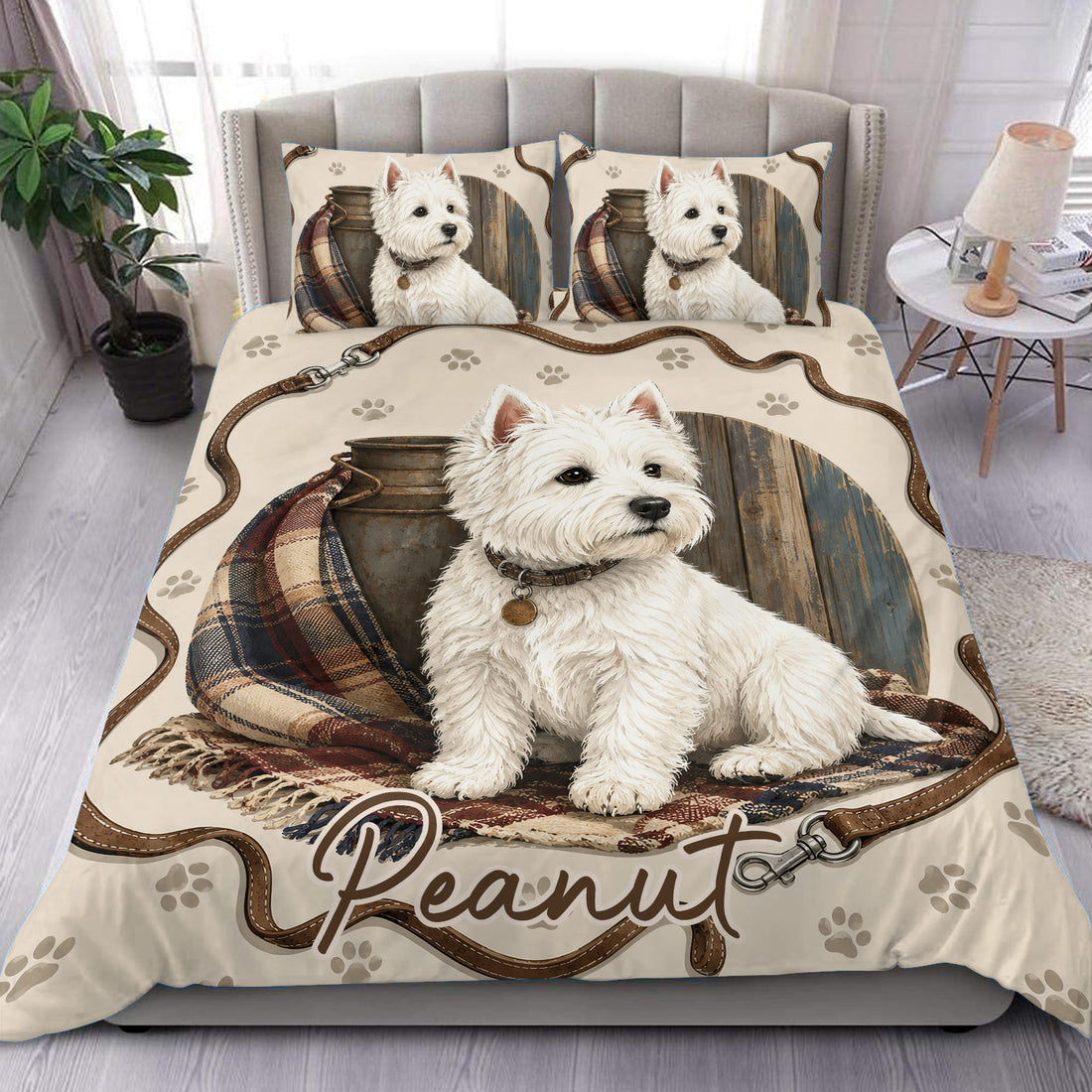 Westie duvet cover bedding set styled on a bed with a white terrier, paw prints, plaid accents, and leash details