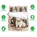 Westie duvet cover set displayed with matching pillowcases, featuring a white terrier, paw prints, and rustic plaid accents