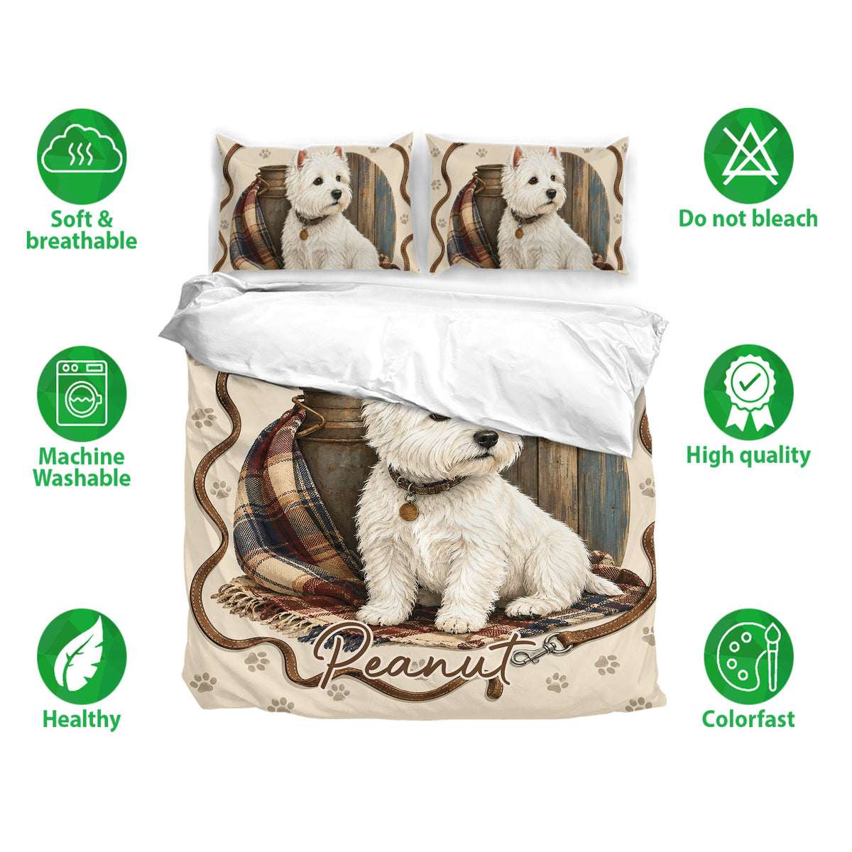 Westie duvet cover set displayed with matching pillowcases, featuring a white terrier, paw prints, and rustic plaid accents