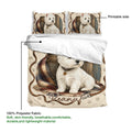 Westie bedding set detail showing the printable duvet cover side with a white terrier, plaid fabric, and paw prints