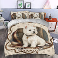 Westie duvet cover bedding set in a bright bedroom, featuring a white terrier portrait with rustic brown and blue accents