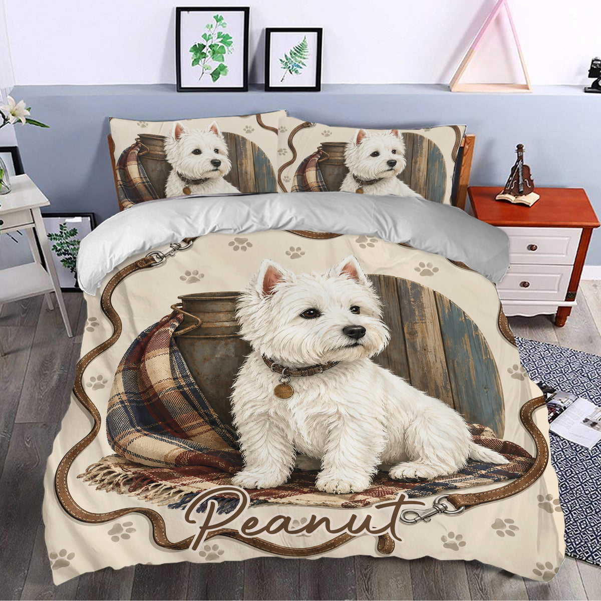 Westie duvet cover bedding set in a bright bedroom, featuring a white terrier portrait with rustic brown and blue accents
