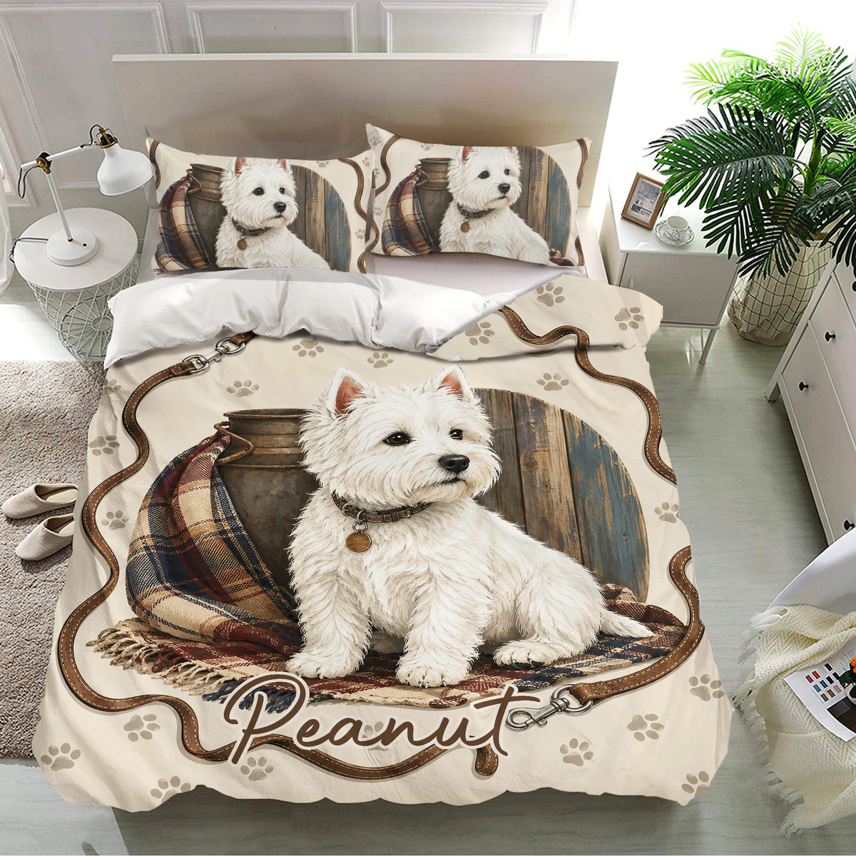 Westie bedding set styled in a modern bedroom with a white terrier design, paw prints, leash details, and plaid fabric