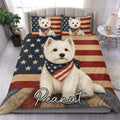 Westie duvet cover set with a patriotic star and stripe design styled in a bright bedroom