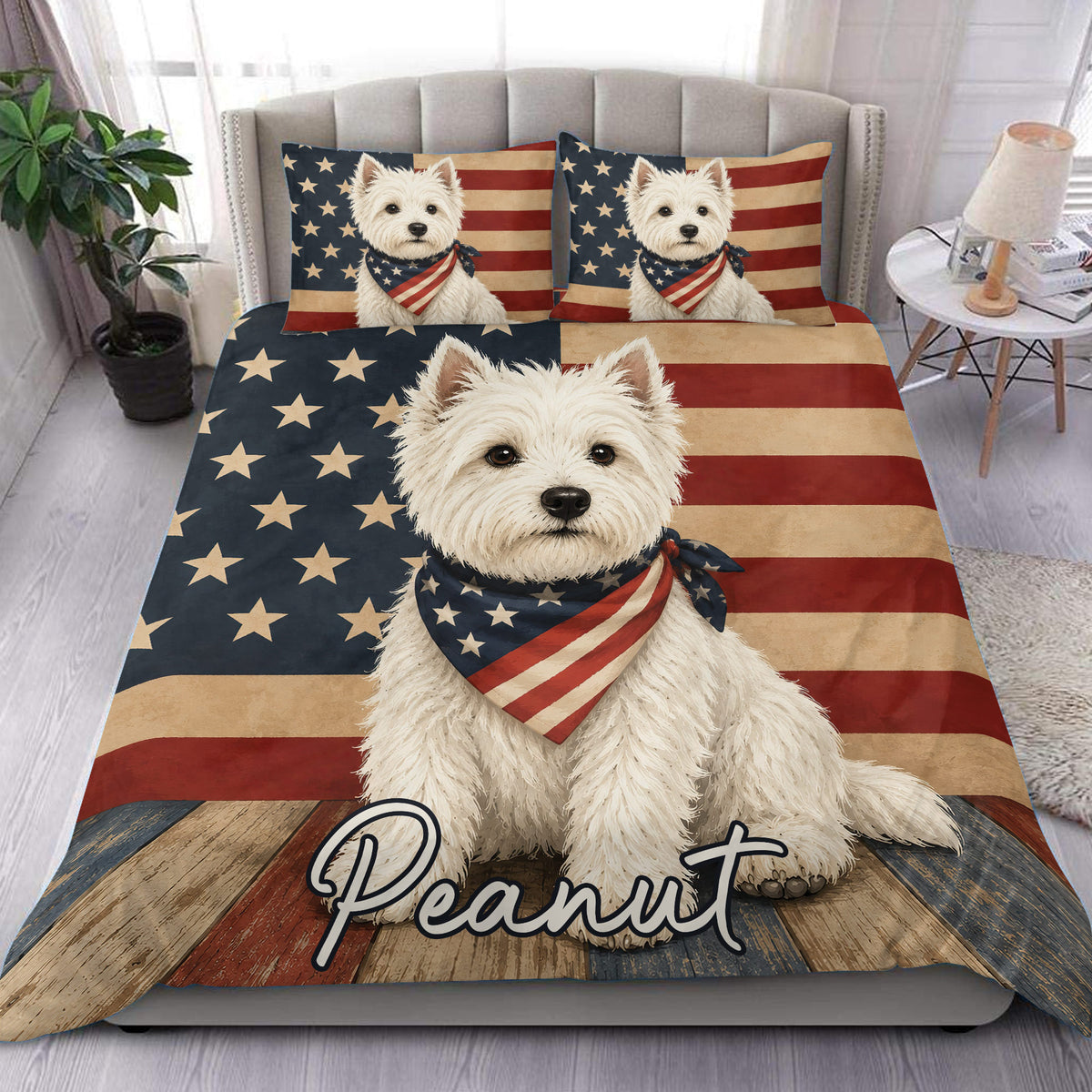 Westie duvet cover set with a patriotic star and stripe design styled in a bright bedroom