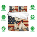 Westie bedding set displayed with matching pillowcases, red, cream, and navy artwork