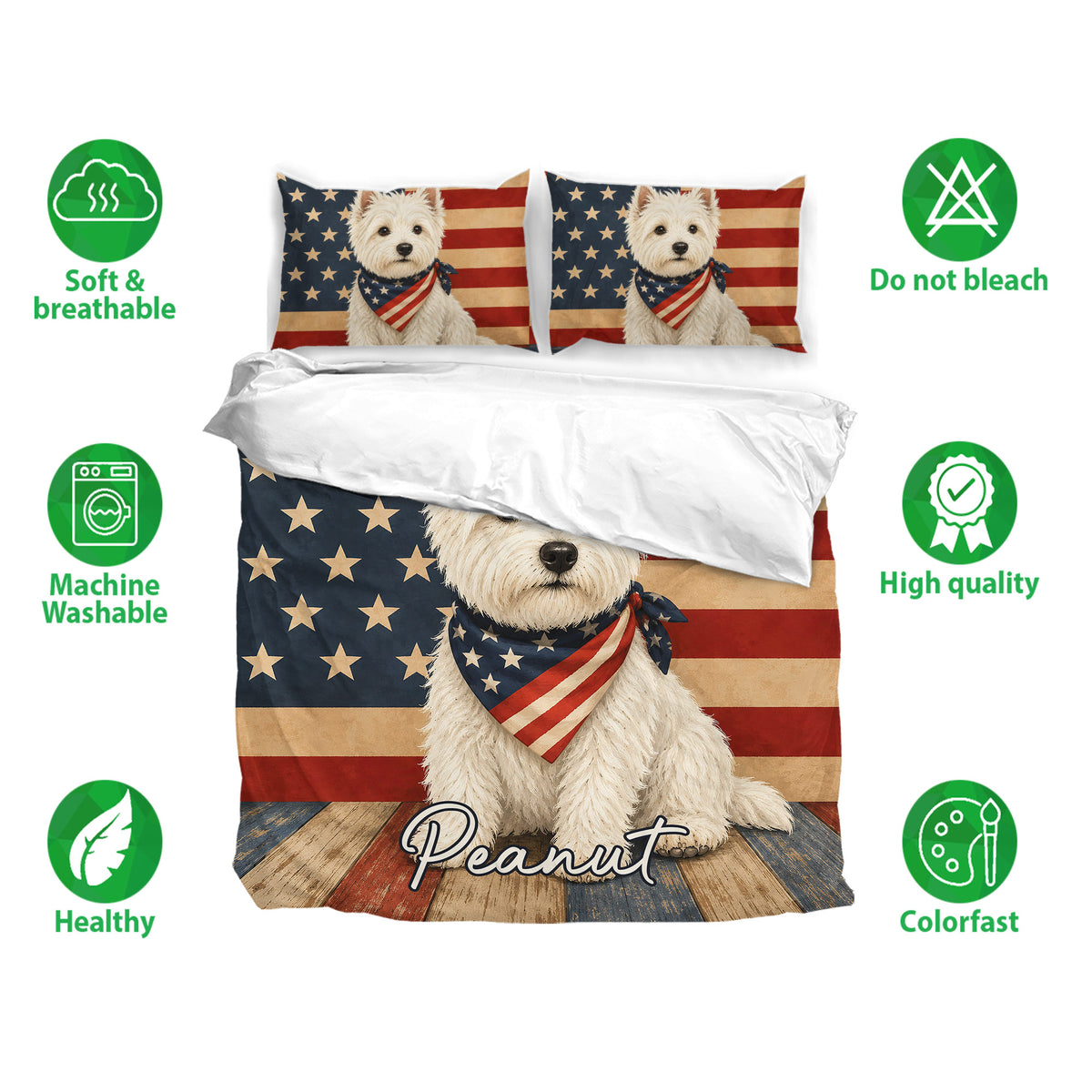 Westie bedding set displayed with matching pillowcases, red, cream, and navy artwork