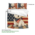 Westie duvet cover and pillowcases shown with printable artwork and fabric detail callouts