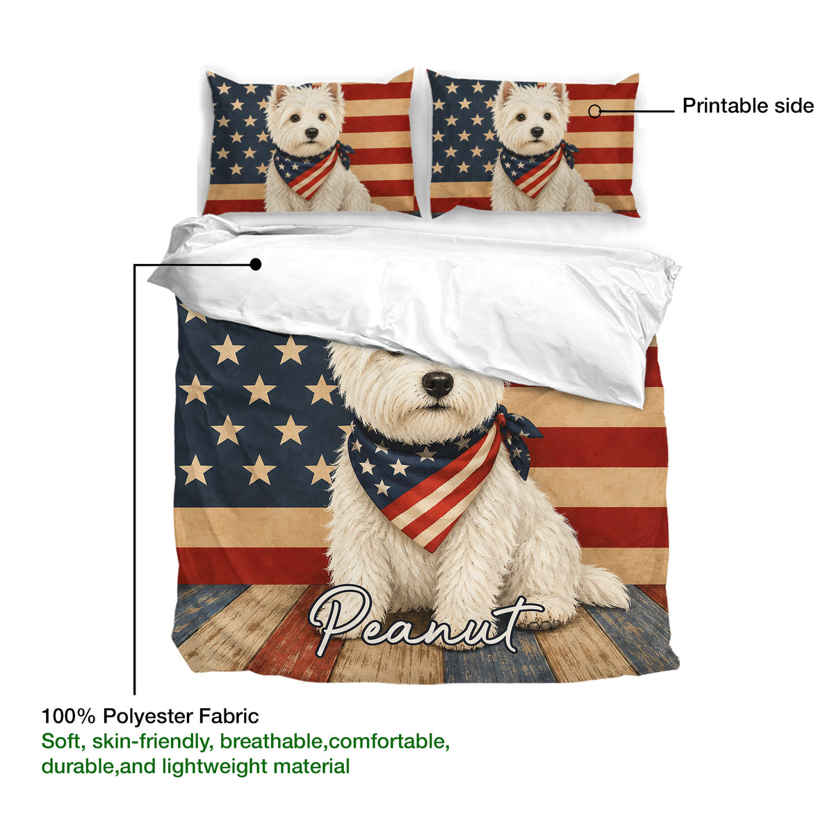 Westie duvet cover and pillowcases shown with printable artwork and fabric detail callouts