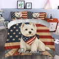 Patriotic Westie duvet cover set styled on a bedroom bed with matching dog artwork