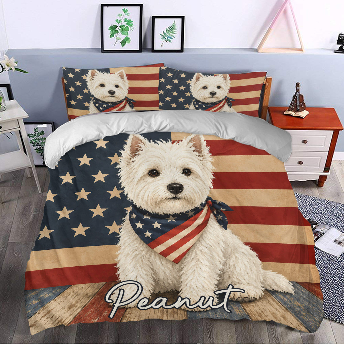 Patriotic Westie duvet cover set styled on a bedroom bed with matching dog artwork