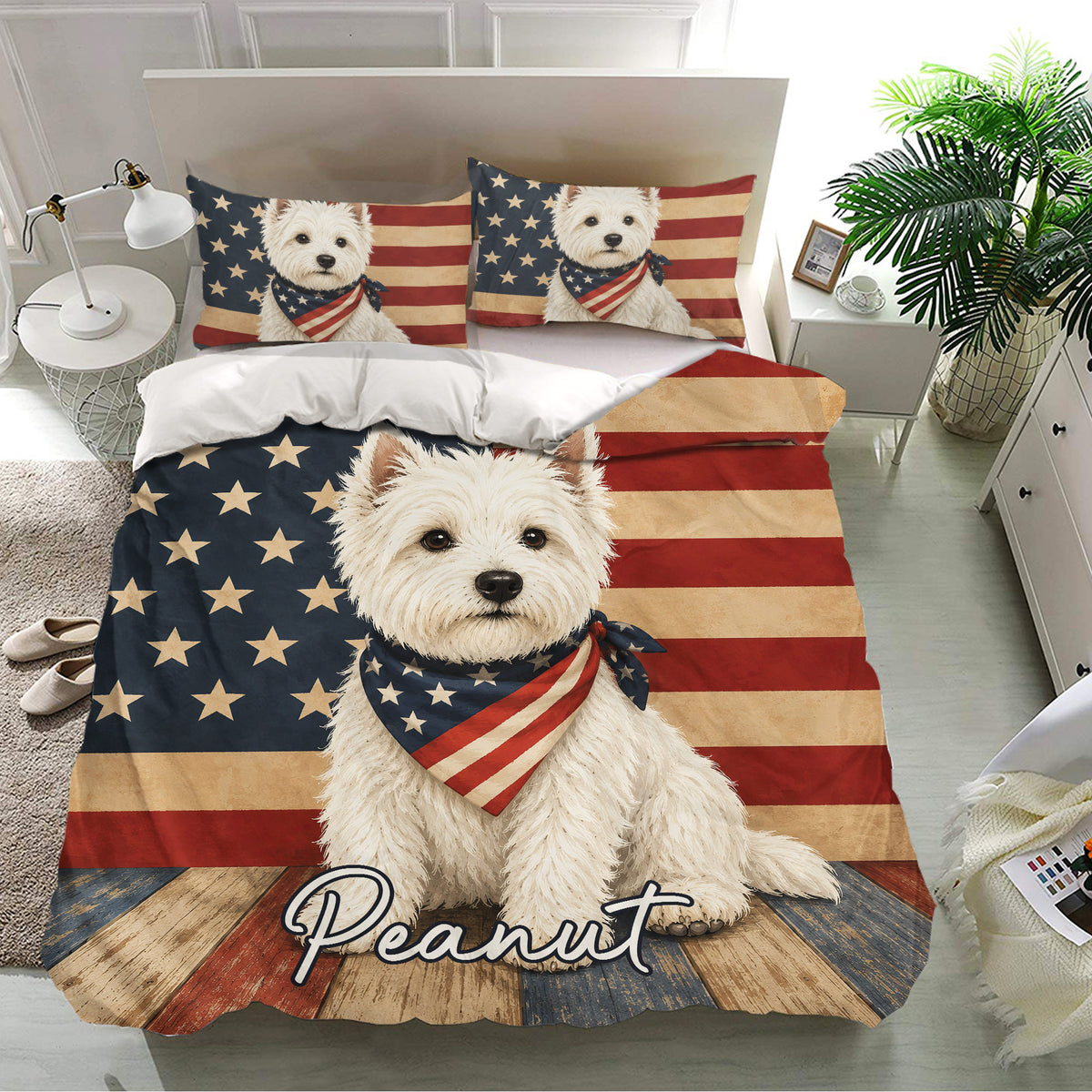 Westie bedding set in a modern bedroom featuring a star and stripe dog design
