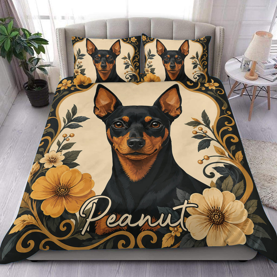 Miniature Pinscher duvet cover set with floral artwork, black and gold borders, and matching pillowcases