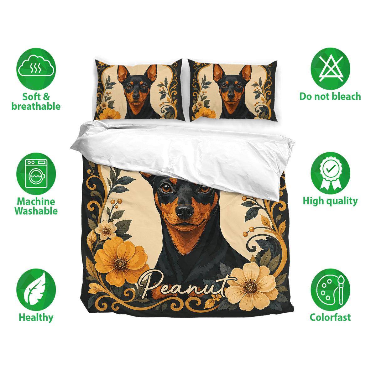 Miniature Pinscher bedding set displayed with matching pillowcases and soft, breathable fabric feature icons