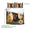Miniature Pinscher duvet cover bedding set showing floral dog artwork and 100% polyester fabric details