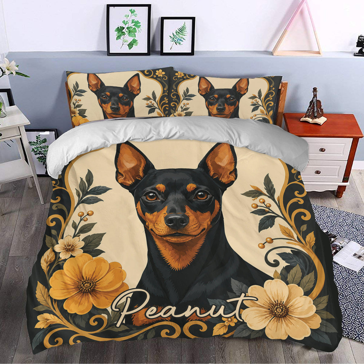 Miniature Pinscher duvet cover set styled in a bedroom with ornate floral artwork and matching pillowcases