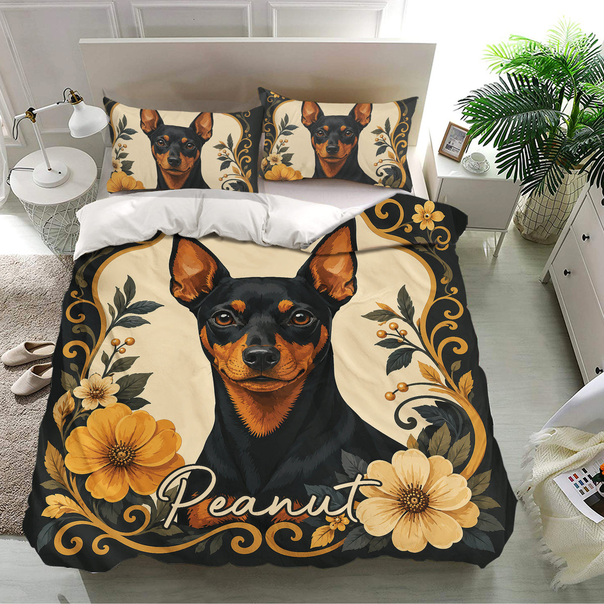 Black and tan Miniature Pinscher bedding set with golden floral accents displayed in a bright bedroom