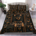 Miniature Pinscher duvet cover set displayed on a bed with dark wood frame artwork and a large central dog portrait
