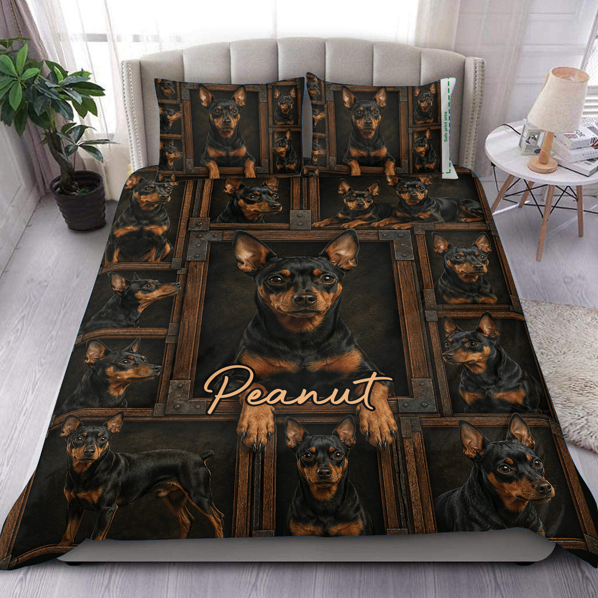 Miniature Pinscher duvet cover set displayed on a bed with dark wood frame artwork and a large central dog portrait