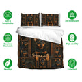 Miniature Pinscher bedding set shown with matching pillowcases and dark brown framed dog artwork