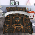 Miniature Pinscher duvet cover styled in a modern bedroom with repeated dog portraits and warm brown accents