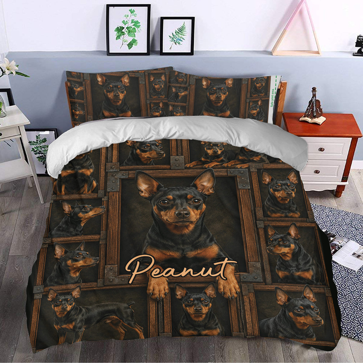 Miniature Pinscher duvet cover styled in a modern bedroom with repeated dog portraits and warm brown accents