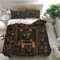 Miniature Pinscher bedding set presented in a bright bedroom with matching dog portrait pillowcases