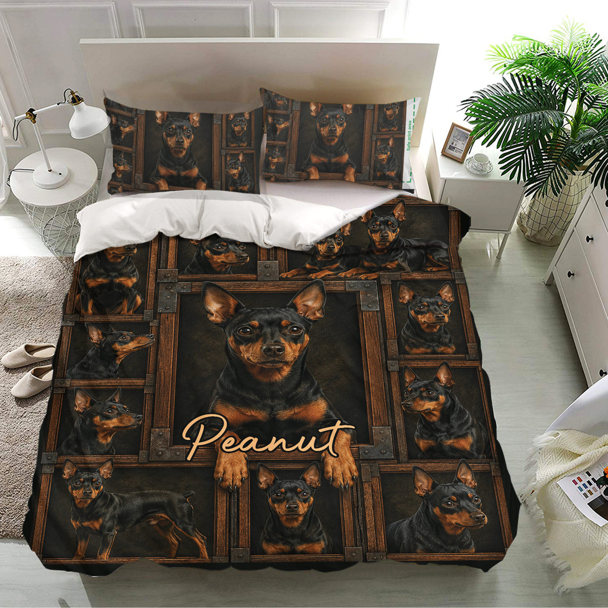 Miniature Pinscher bedding set presented in a bright bedroom with matching dog portrait pillowcases