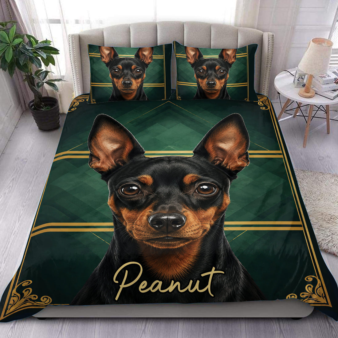 Miniature Pinscher duvet cover set with black and tan dog portrait, deep green geometric background, and gold trim