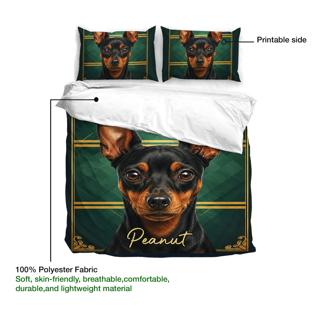 Miniature Pinscher duvet cover set showing the printable side and soft 100% polyester fabric details