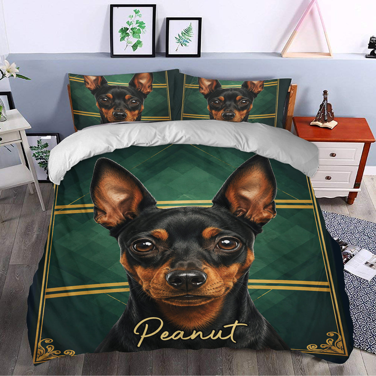 Miniature Pinscher duvet cover styled in a bedroom with a bold dog portrait, green background, and gold border