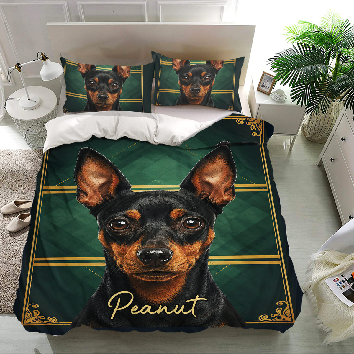 Miniature Pinscher bedding set presented on a modern bed with matching dog portrait pillowcases and elegant green decor