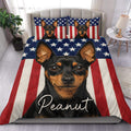Miniature Pinscher duvet cover set with patriotic stars and stripes styled in a bright bedroom