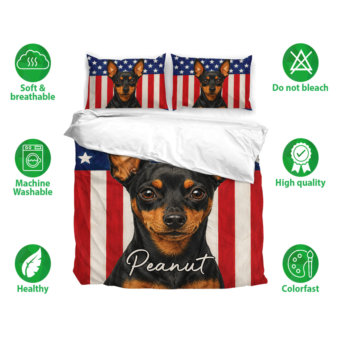 Miniature Pinscher duvet cover set shown with breathable fabric and vibrant patriotic artwork