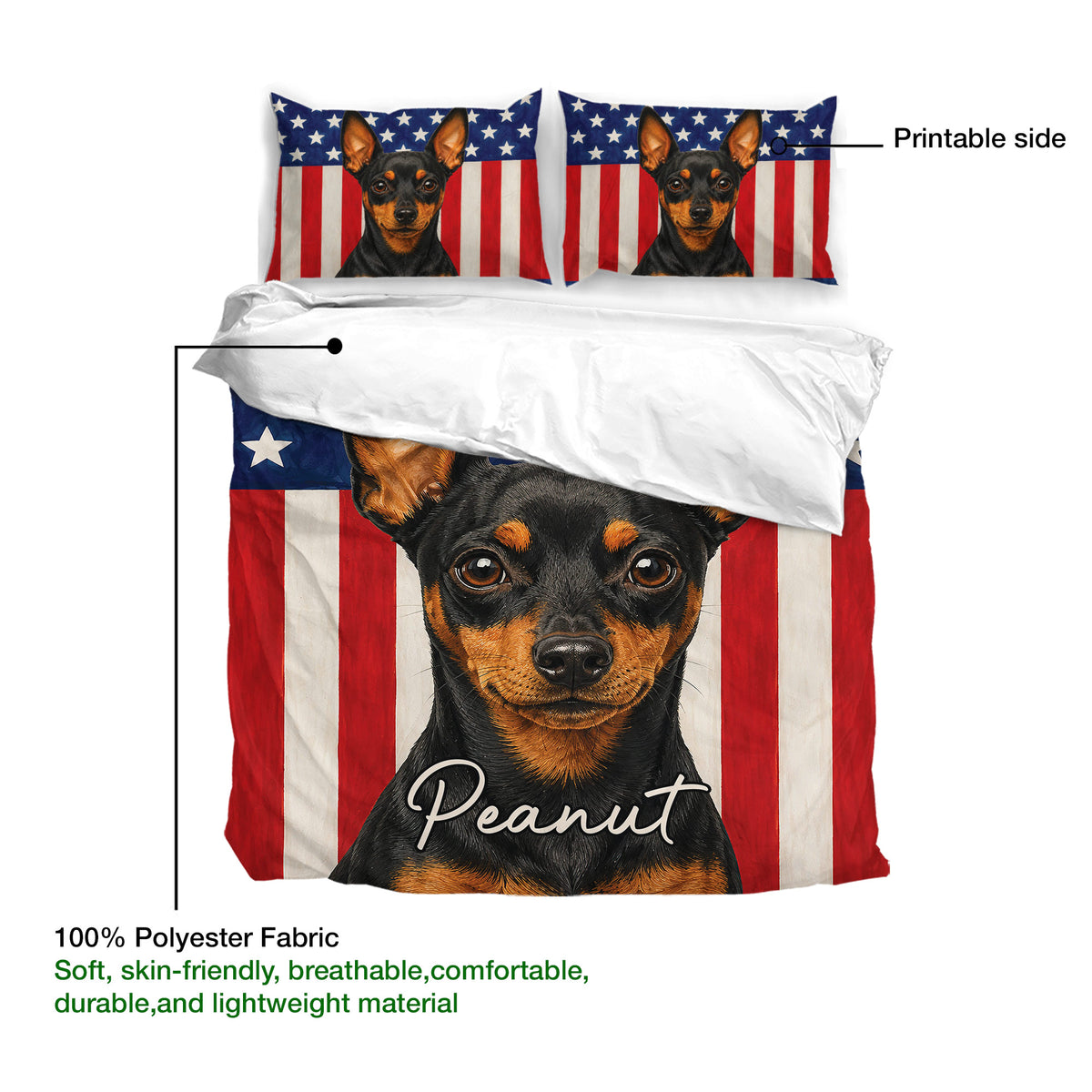 Miniature Pinscher duvet cover set detail showing the printed side and soft polyester fabric