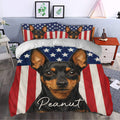 Patriotic Miniature Pinscher duvet cover set presented in a stylish bedroom with matching pillowcases