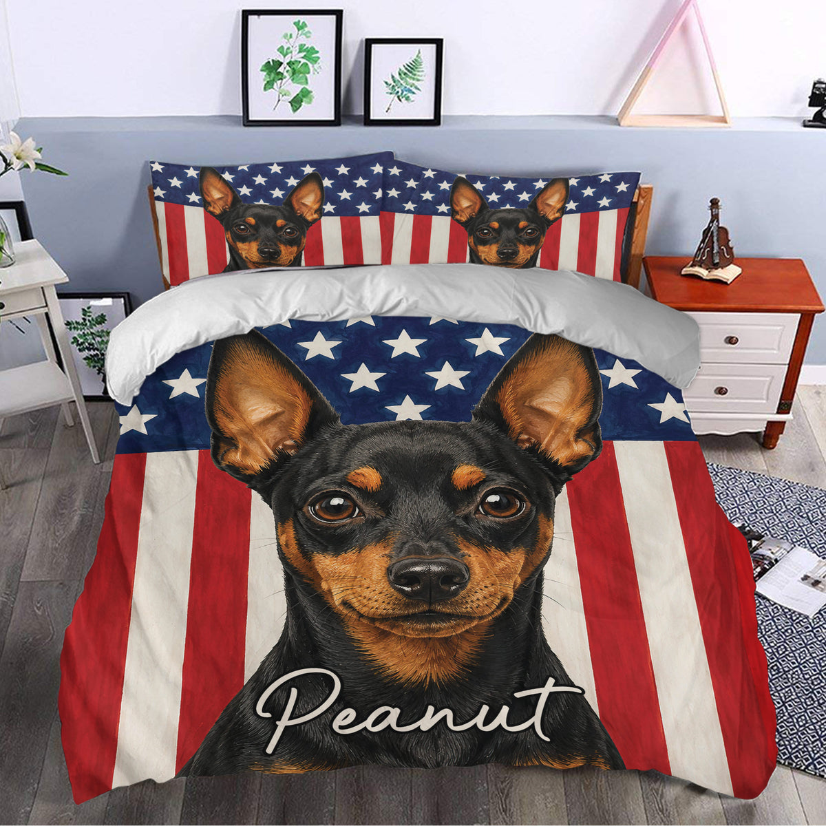 Patriotic Miniature Pinscher duvet cover set presented in a stylish bedroom with matching pillowcases