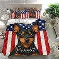 Miniature Pinscher bedding set with a bold dog portrait, stars, and red and white stripes