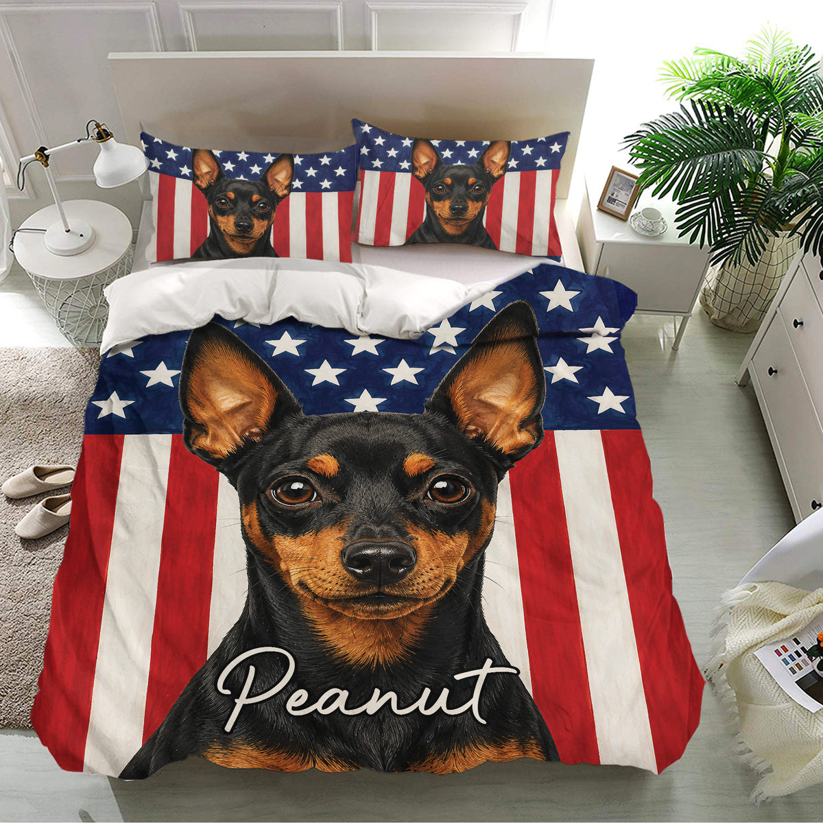 Miniature Pinscher bedding set with a bold dog portrait, stars, and red and white stripes