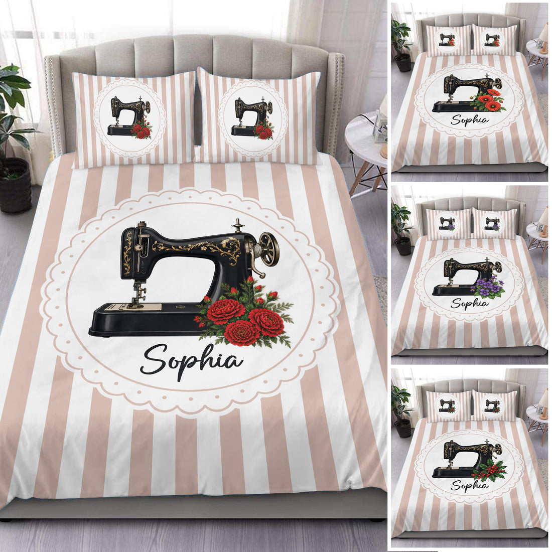 Sewing-themed duvet cover set with vintage machine, floral accents, and soft blush vertical stripes