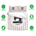 Sewing duvet cover bedding set shown with vintage machine artwork, breathable fabric, and care icons