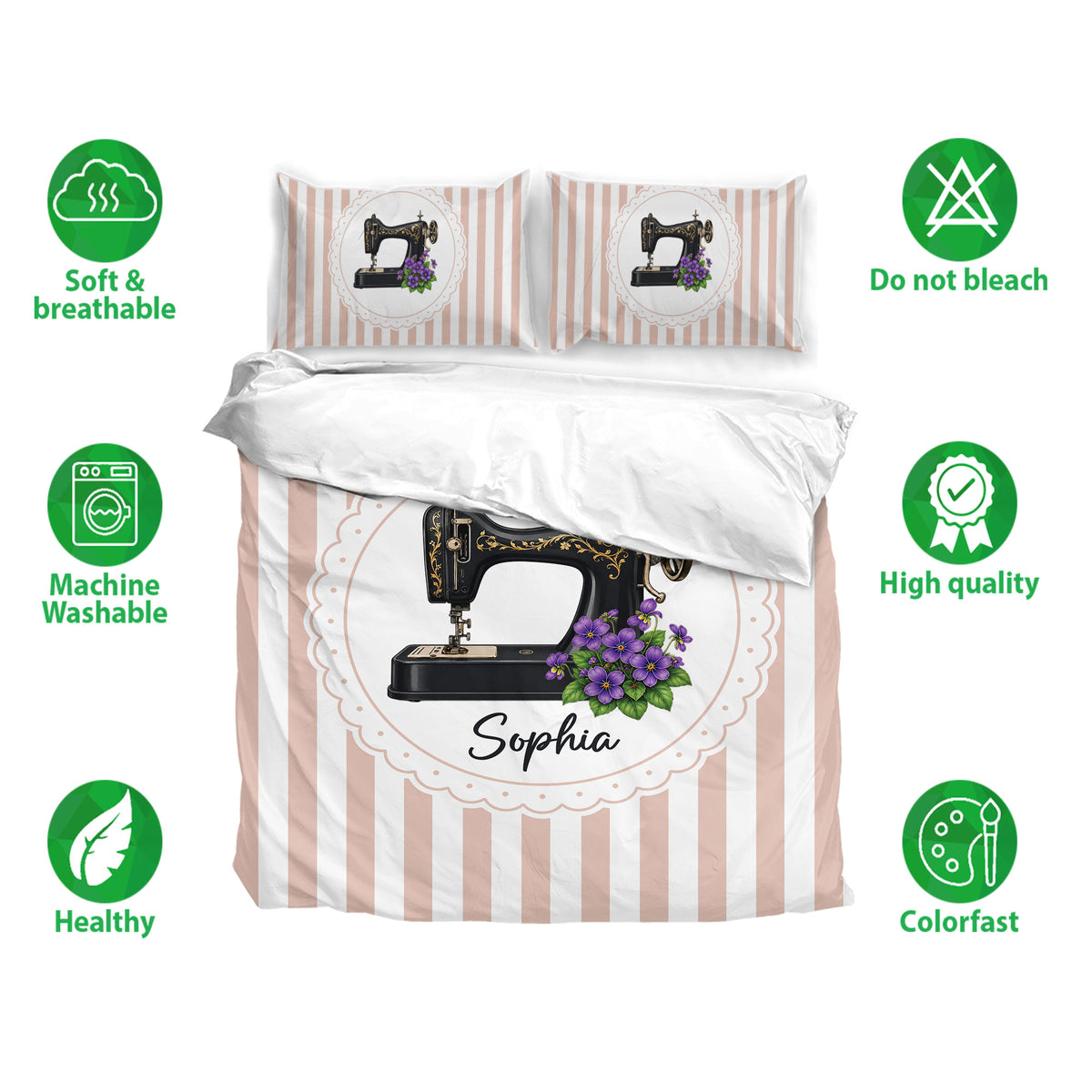 Sewing duvet cover bedding set shown with vintage machine artwork, breathable fabric, and care icons