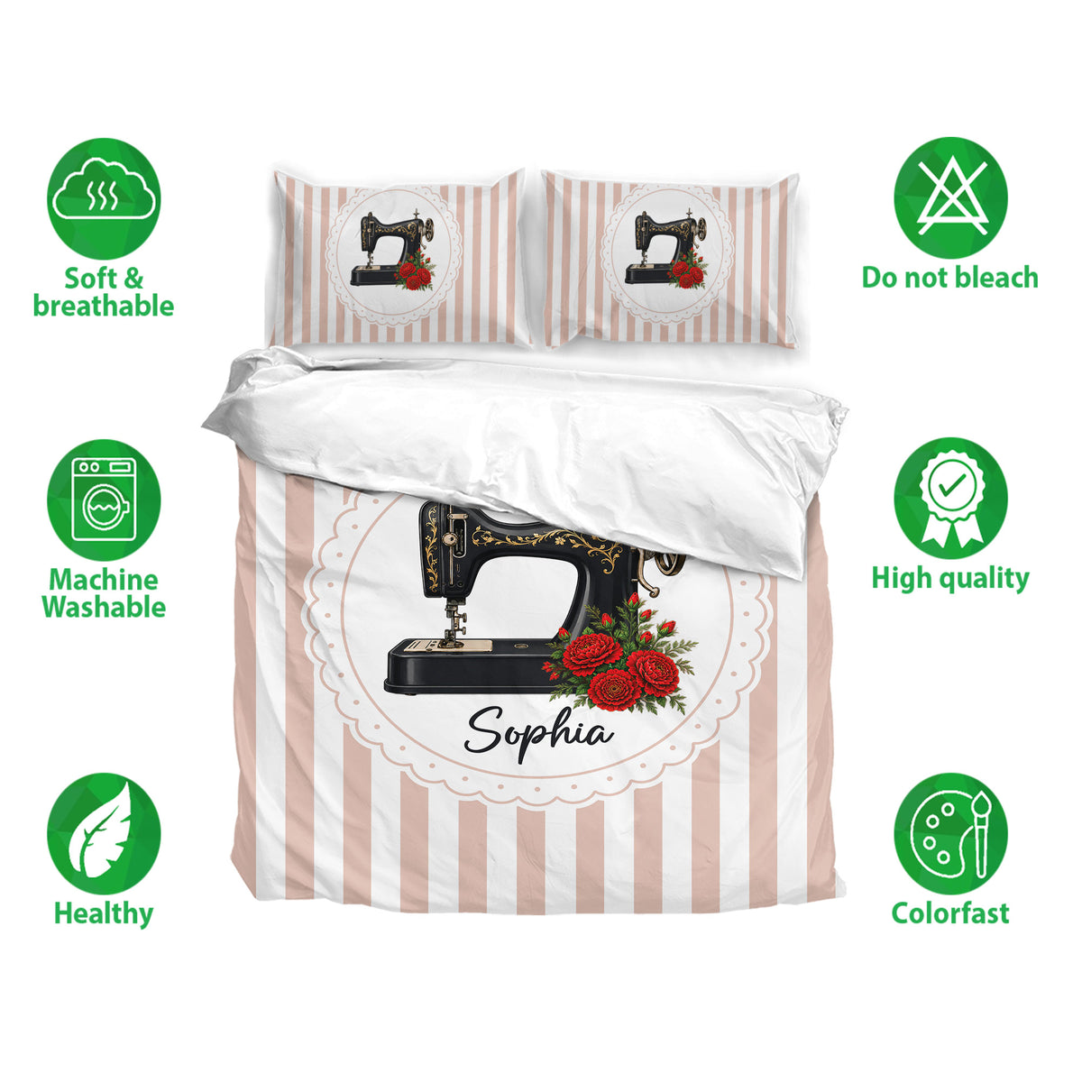 Sewing duvet cover set with black vintage machine, red floral artwork, and blush striped bedding