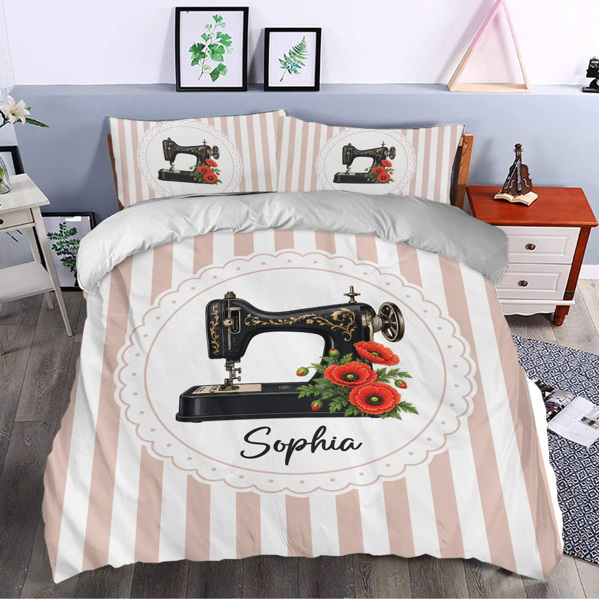 Sewing-themed duvet cover styled in a bedroom with vintage machine artwork and red flowers