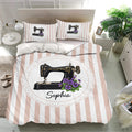 Sewing duvet cover bedding set displayed with purple floral machine artwork in a bright bedroom
