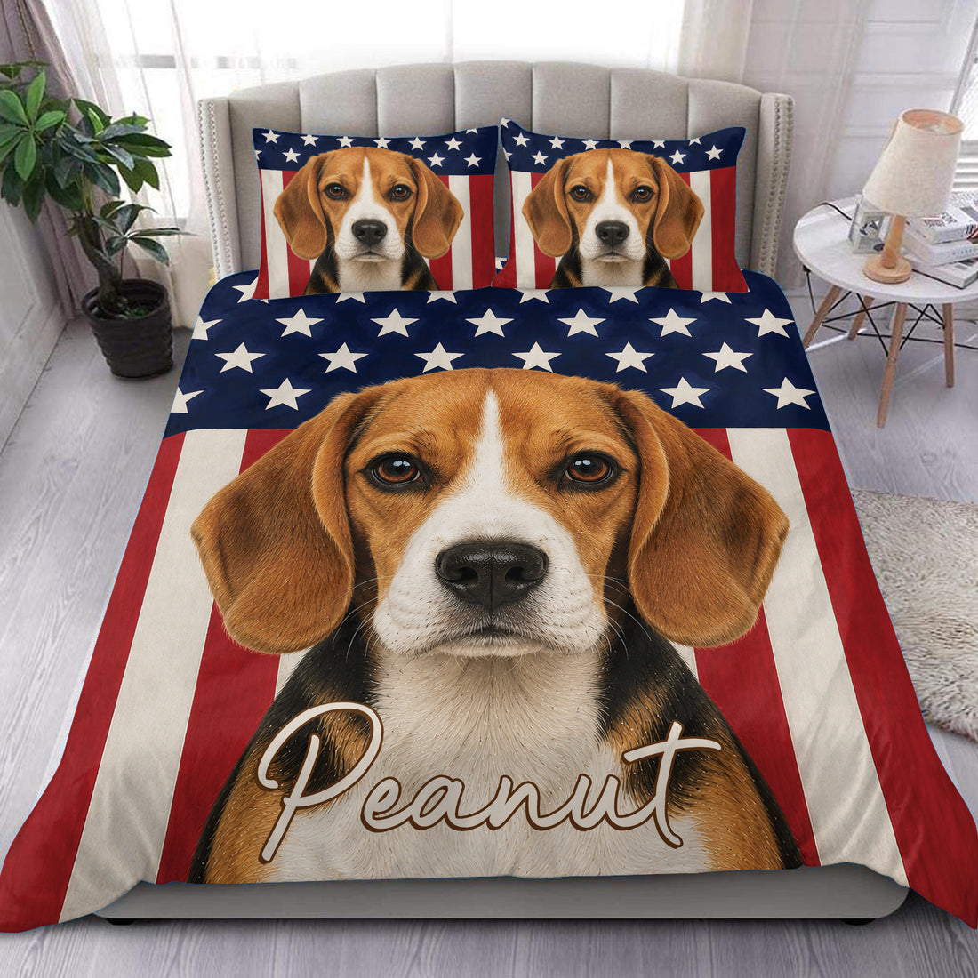 Beagle duvet cover set displayed on a bed with patriotic stars and red and white stripes