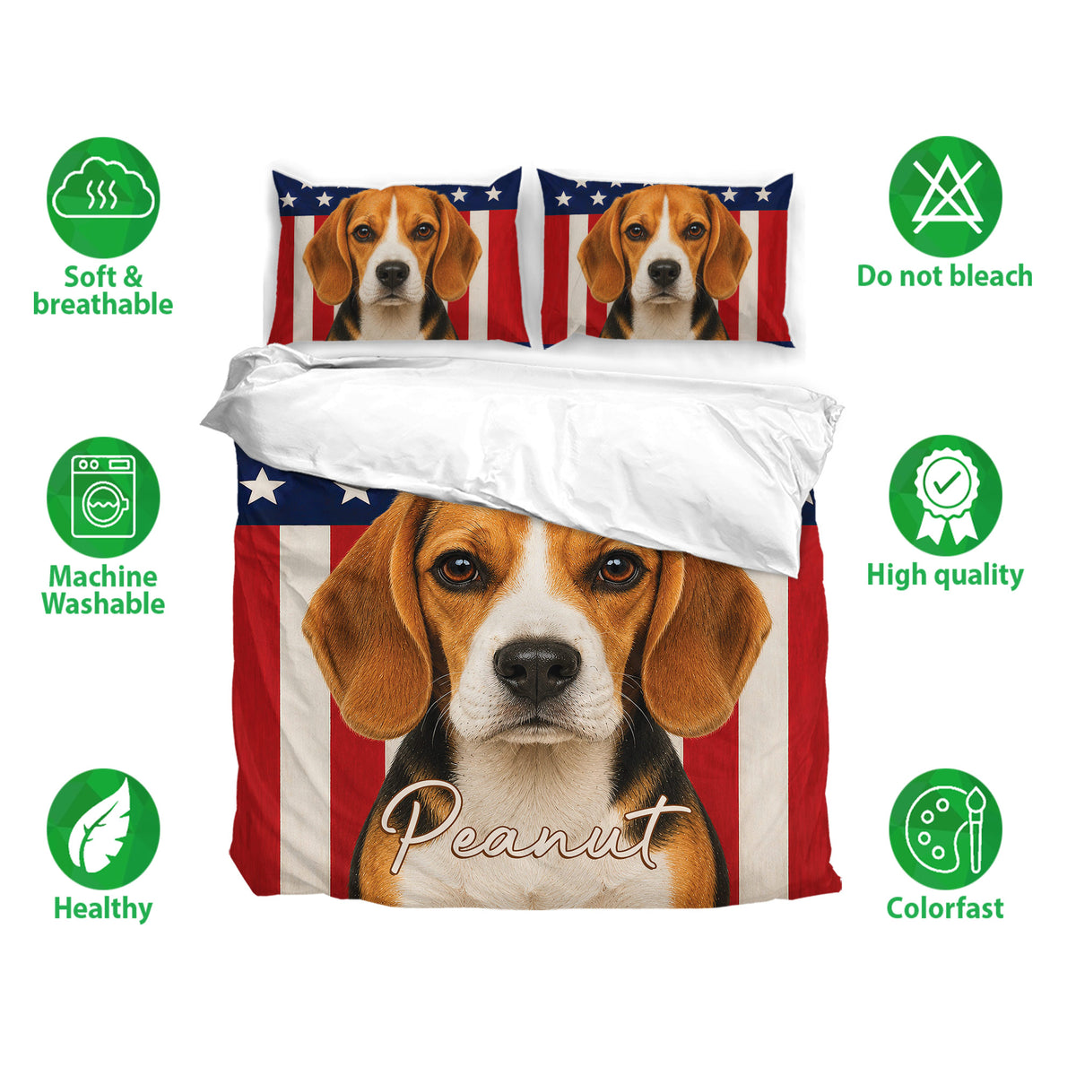 Beagle bedding set presentation with matching pillowcases, patriotic artwork and soft breathable fabric icons