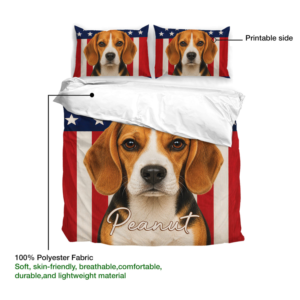 Beagle duvet cover set showing the printable side and 100% polyester fabric detail
