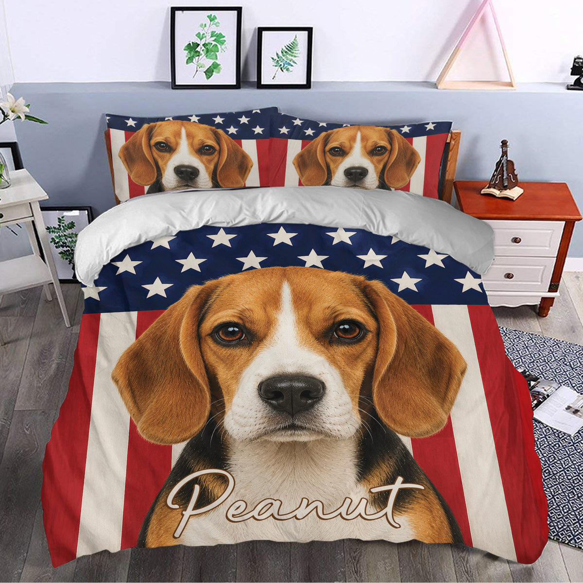 Patriotic Beagle duvet cover styled in a bedroom with matching pillows and star pattern